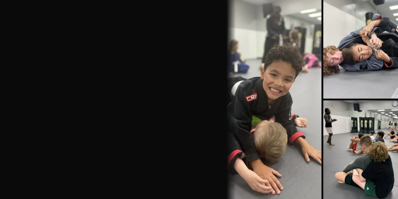 Adults and kids training at Glory MMA & Fitness in Lee's Summit: smiling kid in a black gi at kids jiu-jitsu, two kids drilling guard in their gis, and a kids class listening to their coach at Glory MMA & Fitness in Lee's Summit